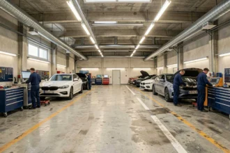 Vue panoramique d'un garage automobile professionnel dans le Haut-Rhin avec plusieurs voitures en cours de réparation