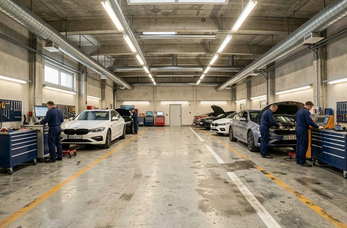 Vue panoramique d'un garage automobile professionnel dans le Haut-Rhin avec plusieurs voitures en cours de réparation