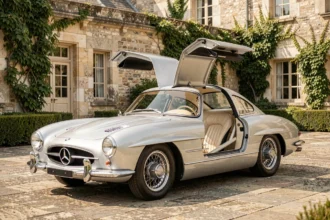 Mercedes 300 SL Gullwing 1955 argentée avec portes papillon ouvertes dans la cour d'un manoir européen, vue 3/4 avant
