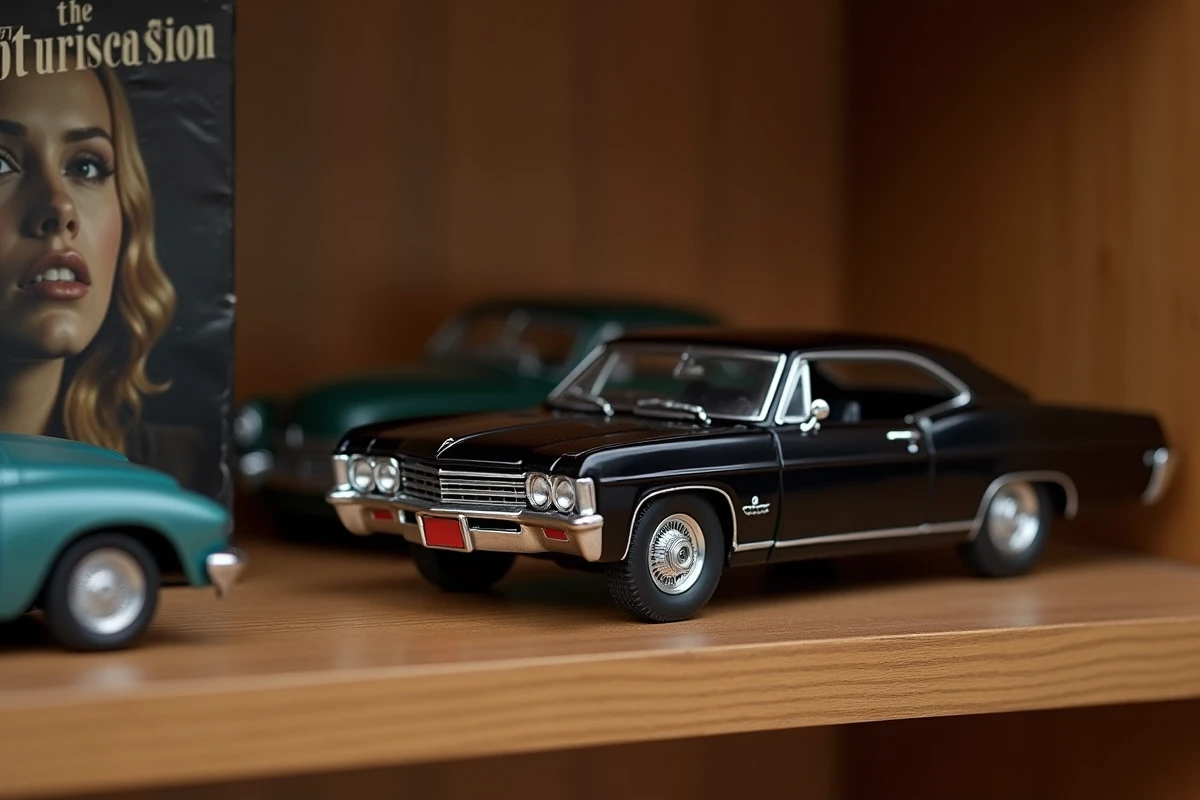 Modèle réduit diecast 1/18 de la Chevrolet Impala noire de Supernatural exposé sur une étagère de collectionneur avec d'autres miniatures de voitures de cinéma