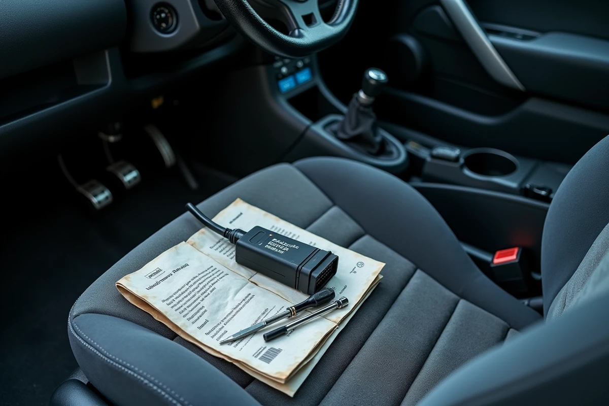 Module de contournement d'anti-démarrage et câble OBD branchés dans l'habitacle d'une Renault Clio 2