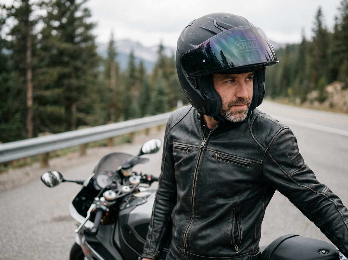 Motard équipé d'un casque Shoei intégral posant devant une route de montagne boisée