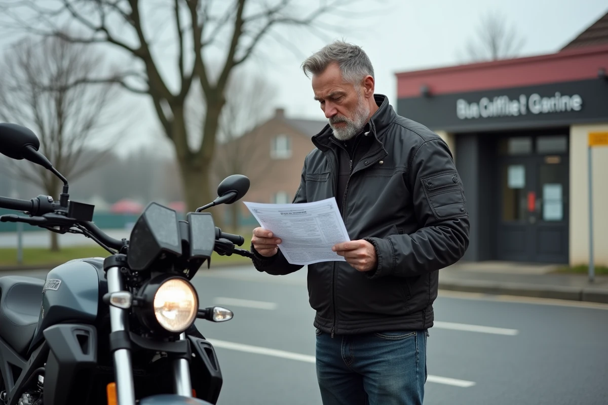 Motard consultant son document de contrôle technique devant un centre agréé en France