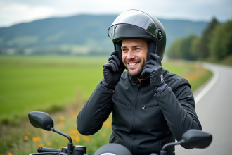 Jeune homme en moto en pleine nature ajustant son casque