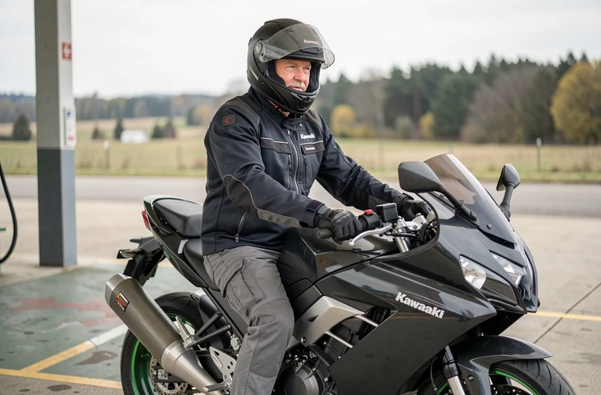 Motard en équipement de tourisme assis sur une Kawasaki GTR 1000 dans une station-service rurale