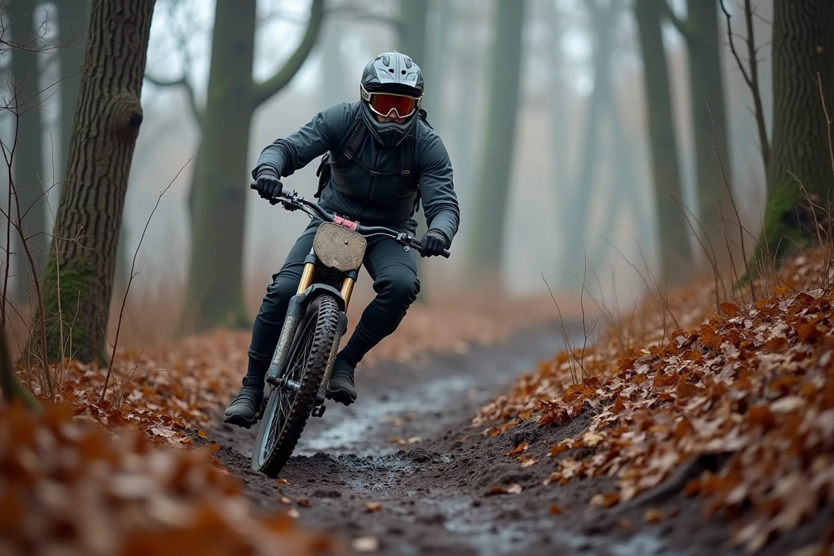 Motard expérimenté en équipement complet négociant prudemment une piste boueuse en forêt automnale lors de sa reprise du trail