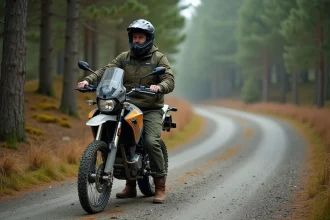 Motard en équipement trail s'arrêtant sur un chemin forestier en gravier pour reprendre la conduite après une longue pause