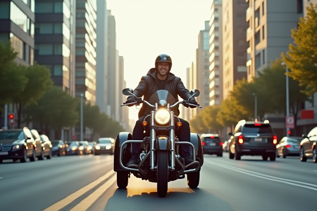 Moto avec sidecar en ville en circulation ensoleillée