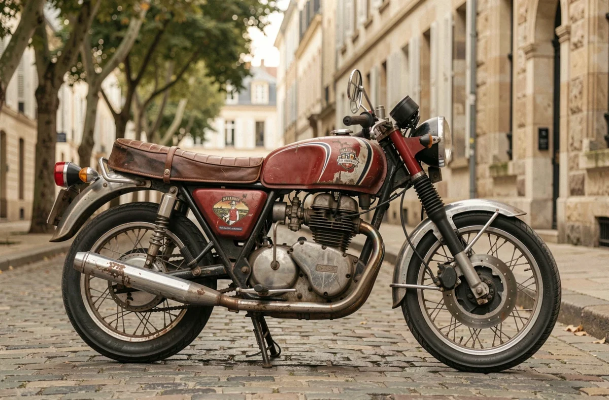Moto italienne de collection des années 1970 garée sur des pavés devant un bâtiment historique, illustration du patrimoine motocycliste à assurer