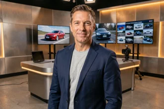 Nouveau présentateur de l'émission Turbo sur M6 dans un studio de télévision moderne dédié à l'automobile