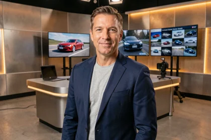Nouveau présentateur de l'émission Turbo sur M6 dans un studio de télévision moderne dédié à l'automobile
