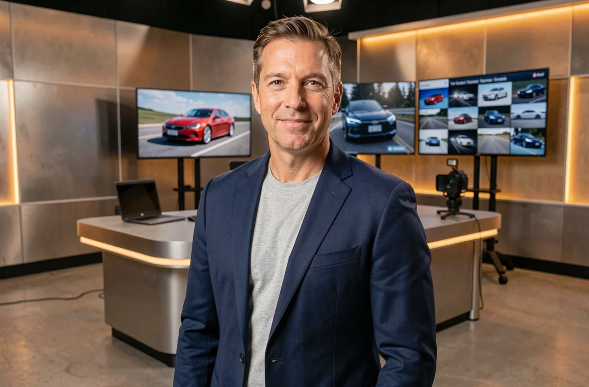 Nouveau présentateur de l'émission Turbo sur M6 dans un studio de télévision moderne dédié à l'automobile