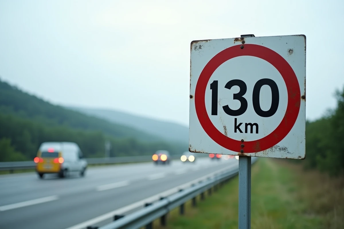 Panneau de limitation de vitesse 130 km/h sur une autoroute française avec paysage rural