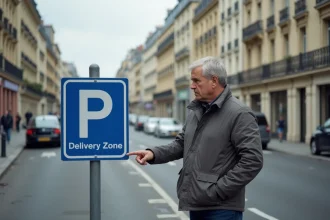Homme examinant un panneau de place de livraison avec pointillés peints sur l'asphalte dans une rue parisienne