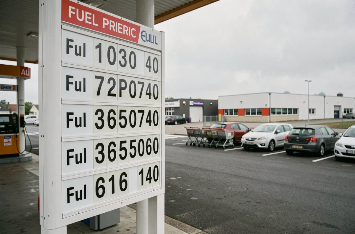 Panneau d'affichage des prix du carburant dans une station-service supermarché près de Roanne