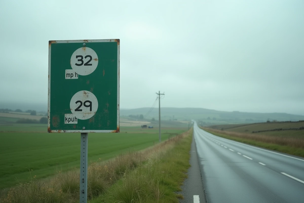 Panneau de limitation de vitesse bilingue mph et kph à un poste frontière en zone rurale