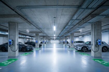 Rangée de bornes de recharge pour véhicules électriques dans le parking souterrain d'un immeuble de bureaux moderne