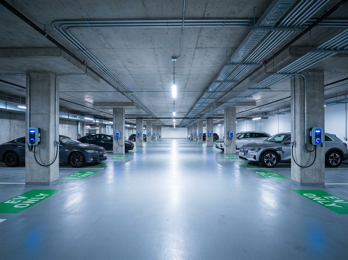 Rangée de bornes de recharge pour véhicules électriques dans le parking souterrain d'un immeuble de bureaux moderne
