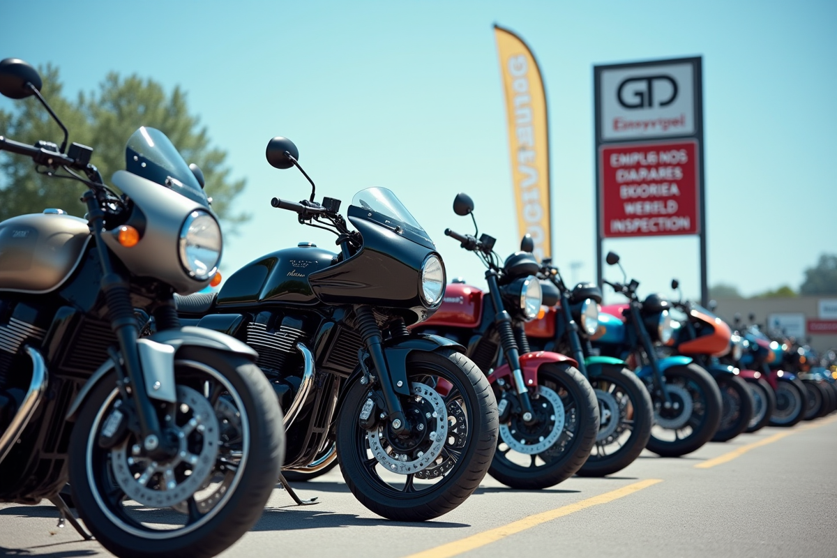 Ligne de motos anciennes et modernes devant un panneau de contrôle