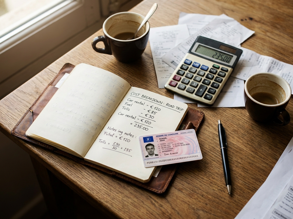 Permis de conduire français posé sur un bureau avec une calculatrice et des notes manuscrites sur le coût d'un stage de points