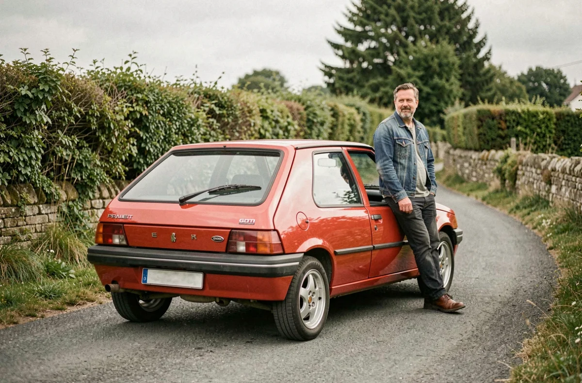 Peugeot 205 GTI rouge vintage garée sur une route de campagne française sinueuse avec un homme s'appuyant nostalgiquement sur la portière