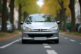 Peugeot 206 hatchback argentée garée dans une rue française, illustrant l'assurance auto au meilleur prix