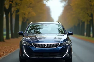 Peugeot 308 bleue métallisée garée sur une route provinciale française bordée de platanes, vue 3/4 avant