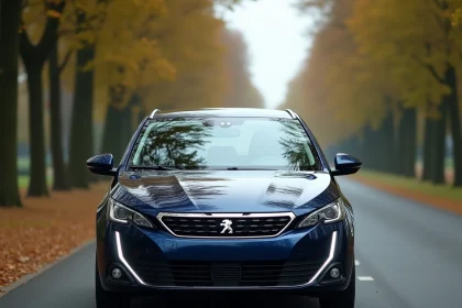 Peugeot 308 bleue métallisée garée sur une route provinciale française bordée de platanes, vue 3/4 avant