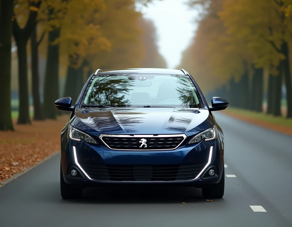Peugeot 308 bleue métallisée garée sur une route provinciale française bordée de platanes, vue 3/4 avant