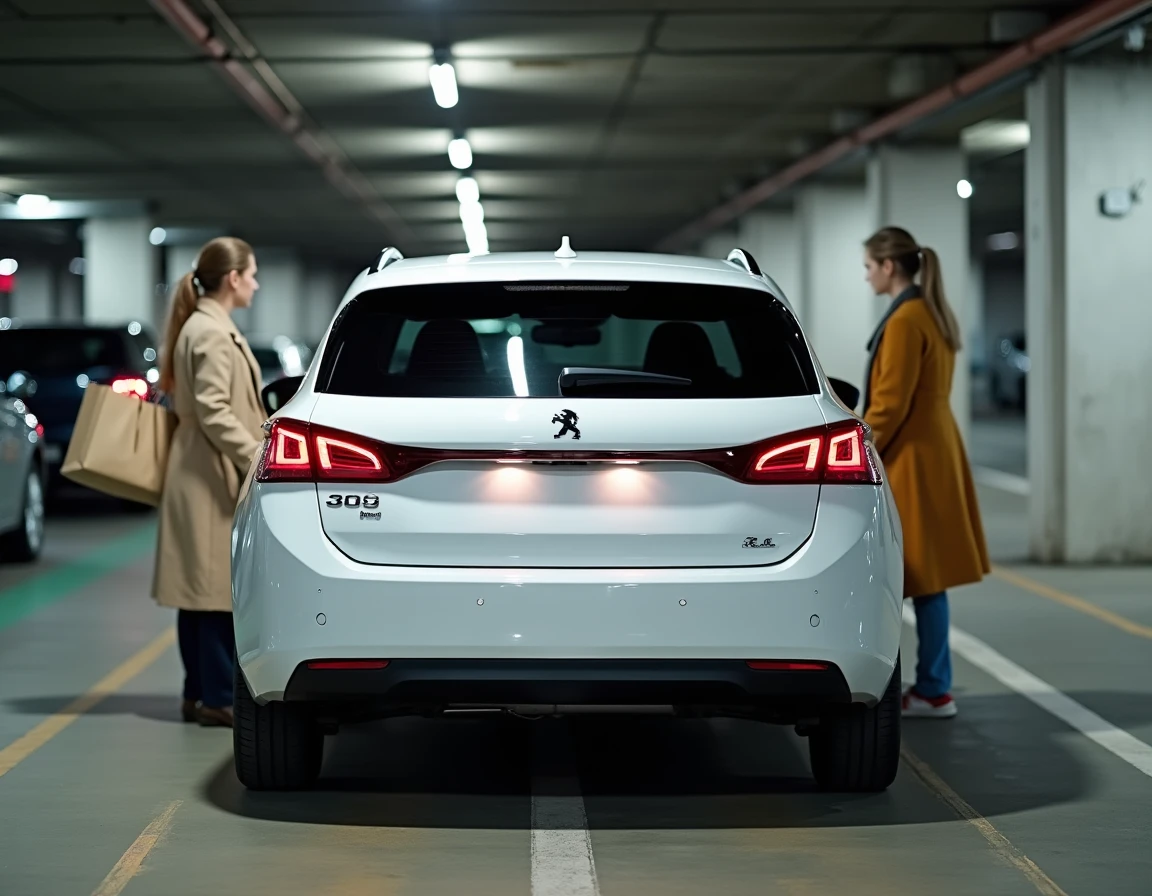 Peugeot 308 SW break blanche dans un parking souterrain parisien, femme chargeant le coffre spacieux