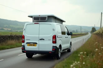 Peugeot Expert long aménagé en camping-car discret garé en bord de route à la campagne, vue 3/4 arrière montrant la longueur du véhicule
