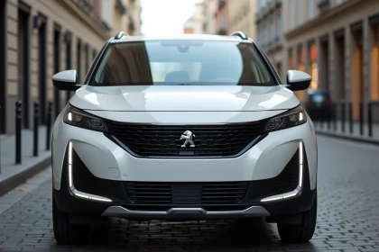 Peugeot SUV 2026 en finition blanc nacré garé dans une rue urbaine européenne, vue trois quarts avant surélevée mettant en valeur le design avant