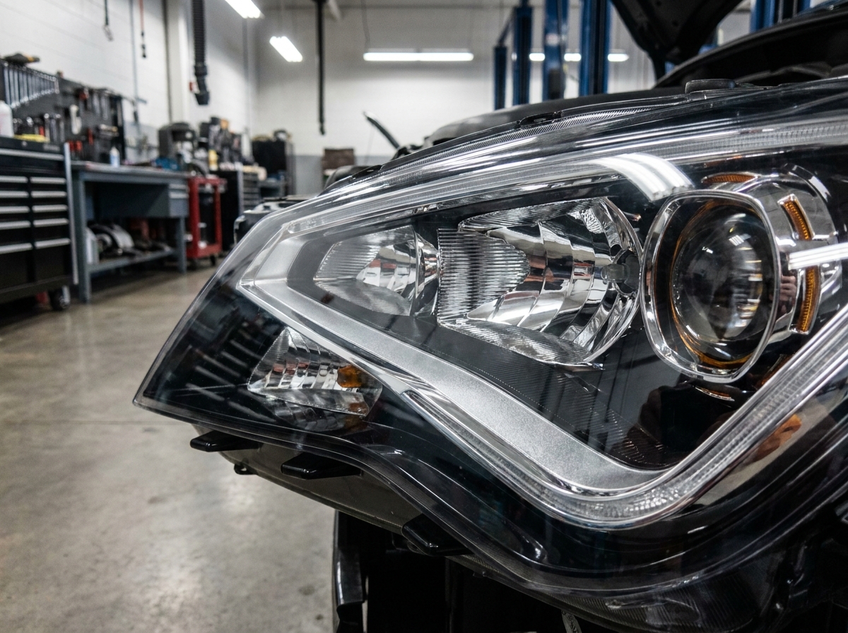 Phare avant LED de voiture avec optiques projector et feux de jour en atelier automobile