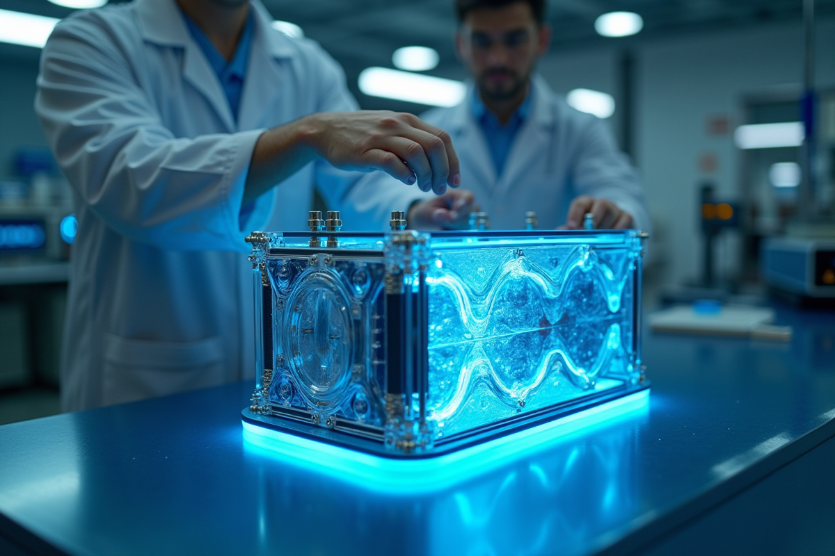 Gros plan sur pile hydrogene en laboratoire