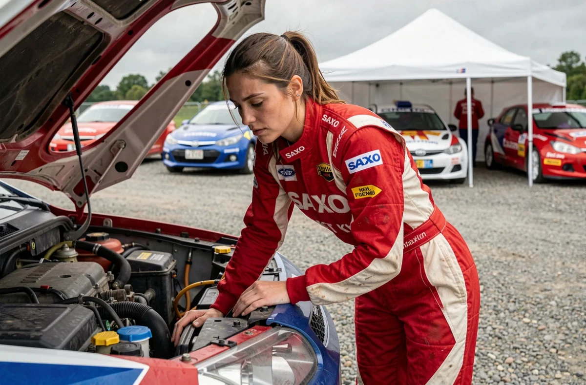 Pilote féminine vérifiant le moteur d'un Saxo Kit Car dans un parc d'assistance lors d'une compétition de rallye