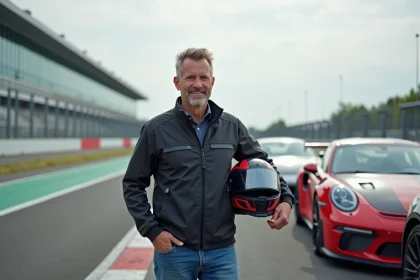 Homme souriant en veste de course et jeans pr&egrave;s de voitures de sport