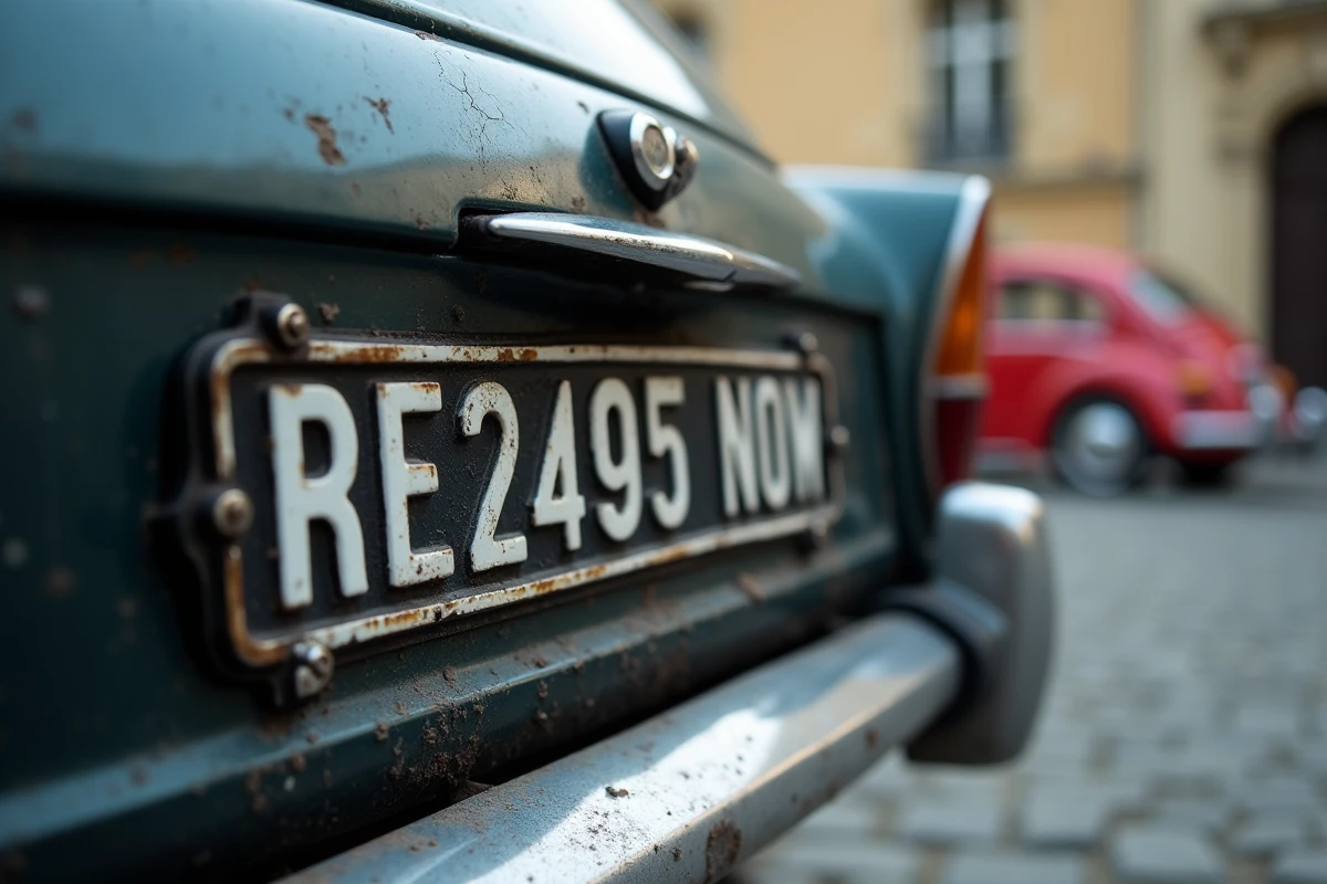Plaque d'immatriculation noire vintage sur une voiture classique avec lettres blanches en relief, détail macro réaliste en parking urbain