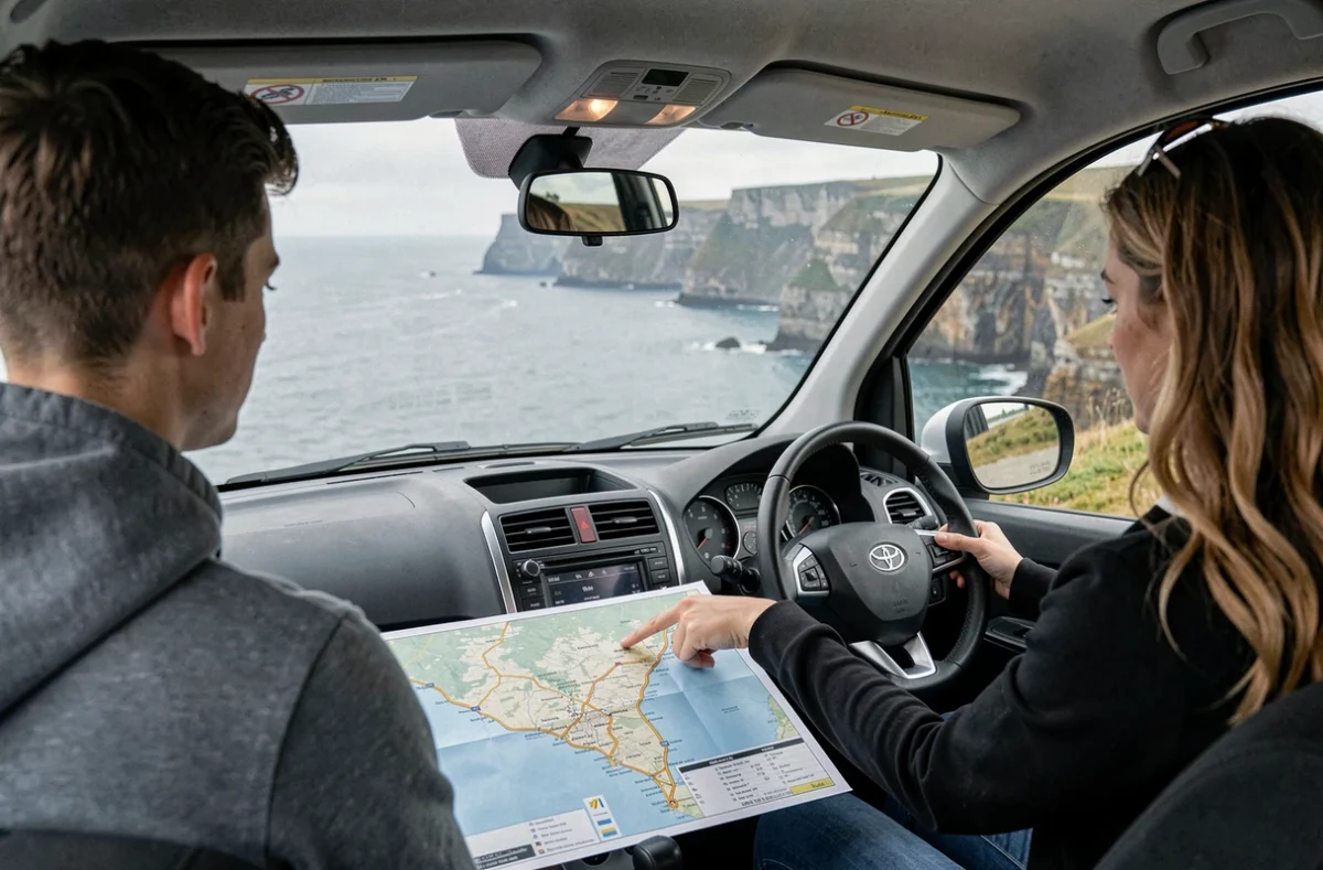 Élève et monitrice de Plouarzel Conduite étudiant un itinéraire côtier avec les falaises du Finistère visibles depuis la voiture