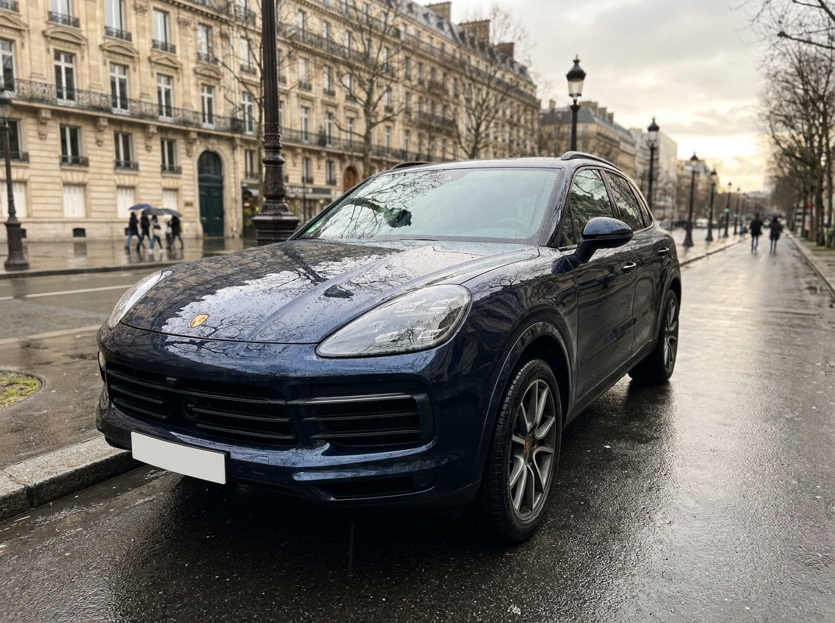 Porsche Cayenne bleu nuit garée sur un boulevard parisien sous la pluie, reflet sur le bitume mouillé, photographie éditoriale réaliste pour un article sur l'assurance sur mesure