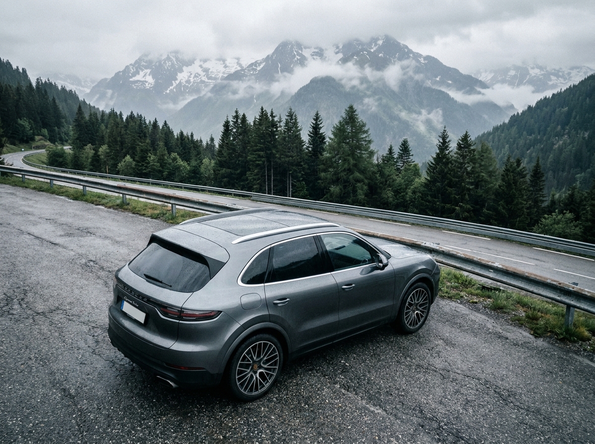 Porsche Cayenne argent sur une route de montagne des Alpes françaises entourée de forêts de pins et de sommets enneigés, photographie éditoriale illustrant la nécessité d'une assurance sur mesure pour SUV premium