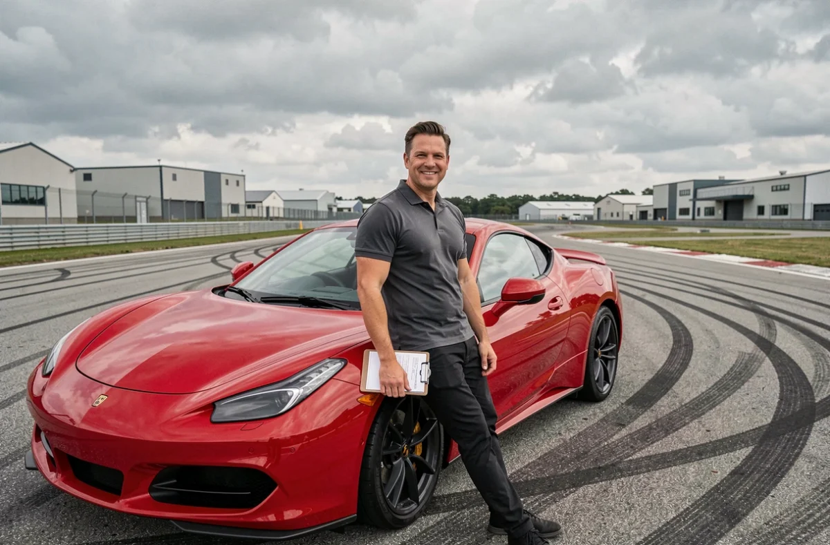 Présentateur automobile de Turbo M6 lors d'un essai de voiture de sport sur circuit extérieur