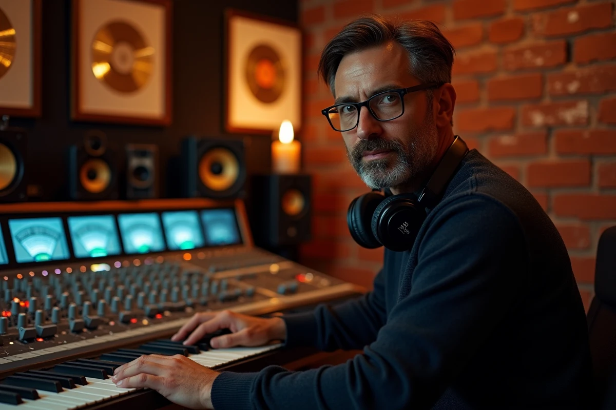 Producteur de musique en studio d'enregistrement devant une console analogique, ambiance feutrée évoquant la création d'un titre pour une publicité automobile