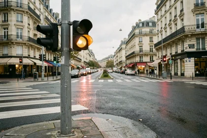 Radar de contrôle aux feux rouges installé à un carrefour urbain avec feu orange allumé en France