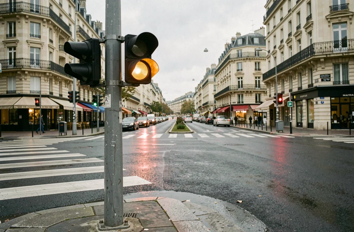 Radar de contrôle aux feux rouges installé à un carrefour urbain avec feu orange allumé en France