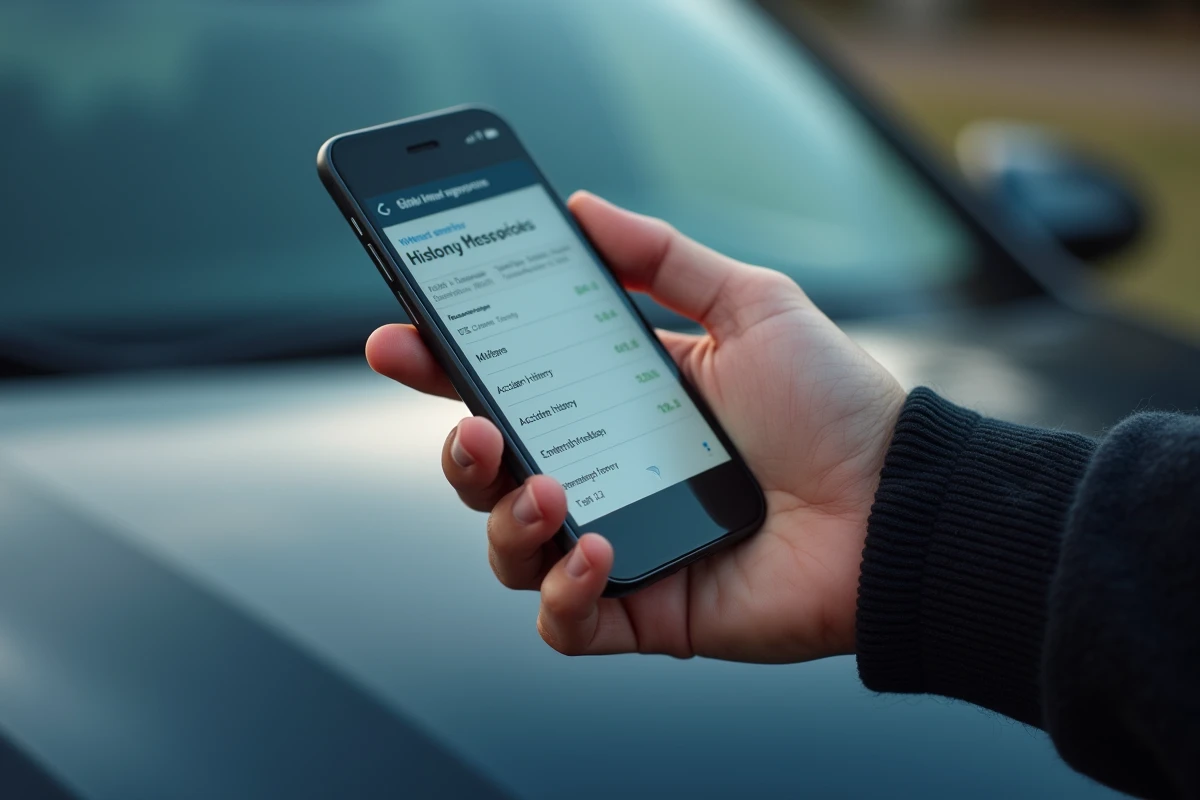 Gros plan d'un rapport carVertical affiché sur smartphone lors de la vérification d'un véhicule d'occasion