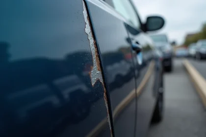 Rayure profonde sur une portière de voiture bleue marine révélant le métal, dans un parking urbain