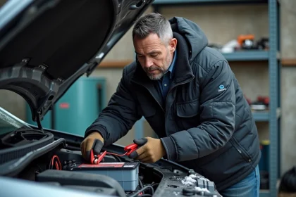 Homme en veste d'hiver connectant un chargeur de batterie à une voiture dans un garage en hiver