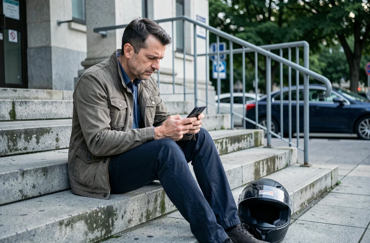 Jeune homme consultant son téléphone pour trouver une assurance scooter après suspension de permis pour stupéfiants, assis devant un bâtiment administratif