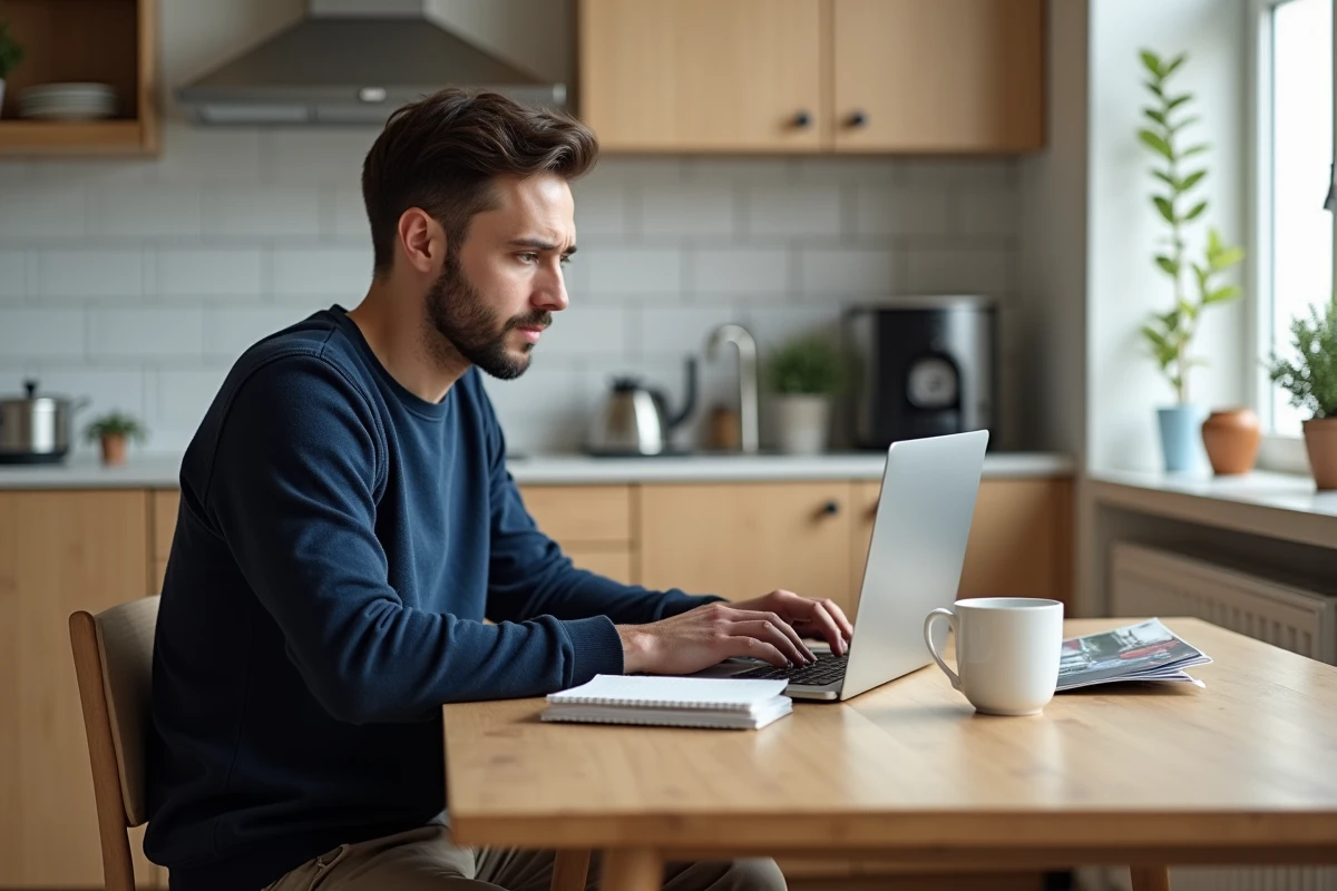 Homme recherchant une voiture d'occasion sur une plateforme en ligne depuis sa cuisine