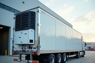 Remorque frigorifique professionnelle garée à un quai de chargement logistique avec portes en acier inoxydable entrouvertes